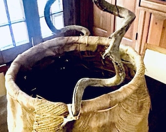 Large Hand Made Basket 25”x13” Palm Bark With Twisted Vine Handle Folk Art