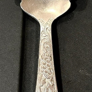 May include: Silver serving fork with a decorative handle. The fork has three tines with cut-out sections. The handle is adorned with an embossed grape and leaf design, adding a touch of elegance to the utensil.