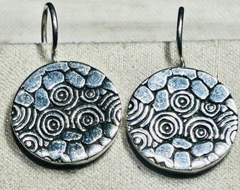 925 Sterling Button Style Disc With Design Earrings 1.25” From The Hook 7.46 G