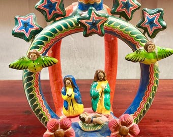 Vintage Mexicaanse kleurrijke klei kerststal volkskunst handgemaakt