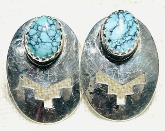 Navajo Hand Crafted Sterling Silver And Spiderweb Turquoise Oval Earrings 2.94 G