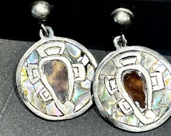 Vntg OCM Iguala GRO Sterling Tortoise Shell And Abalone Dangle Earrings Mexico