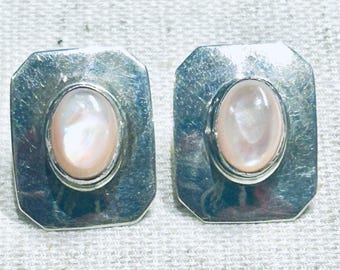 Vintage Rectangular Sterling Silver Earrings Pink Oval Mother Of Pearl 2.78 Gr