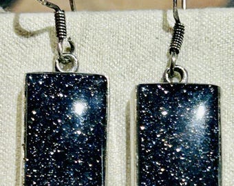 Vintage Rectangular Sterling Silver Blue Sandstone Dangle Earrings 7.93 Grams