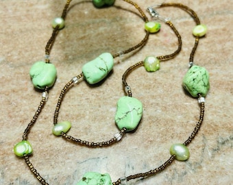 Boho 28" Green Magnesite Nugget & Dyed Freshwater Pearl Necklace Sterling Silver