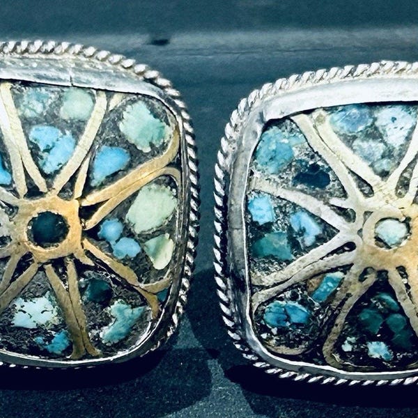 Vintage Sterling Silver Art Deco Inlaid Turquoise Square Screw Back Earrings