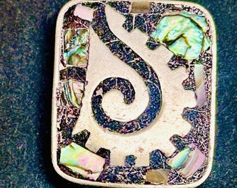 Pinza para corbata vintage de plata esterlina mexicana con incrustaciones de abulón, diseño modernista.