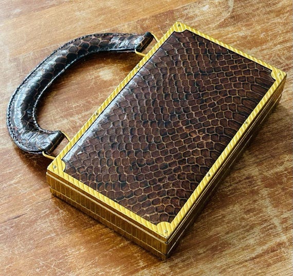 40s 50s アンティーク　ヴィンテージ　Evans ゴールド　マルチケース Vintage 1950s Evans Case Company Brown Reptile Print … - Gem