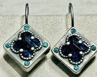 Artisan Sterling Silver Indicolite Blue Tourmaline Open Back Earrings 4.35 Grams