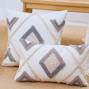Lot de 2 taies d'oreiller capitonnées bohèmes texturées bouclées, motif losanges, crème neutre, taie de coussin pour canapé-lit
