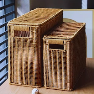 2pc Narrow Rattan Storage Box with Lid Tall Slim Basket for Bathroom Corner Magazine Holder Sofa Side Organizer Nordic Boho Basket Set
