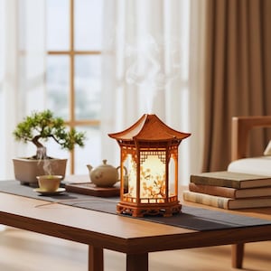 Umidificador Pavilion em estilo chinês, luz noturna zen, portátil, com USB, gerador de névoa, decoração para casa e escritório, ornamento de mesa em formato de pagode japonês, presente para bem-estar.