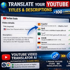 May include: A digital advertisement promoting YouTube video translation. The image features a computer screen displaying YouTube Studio, with text in multiple languages. A globe with flags and a robot character are also present. The text reads "Translate Your YouTube Video Titles & Descriptions."