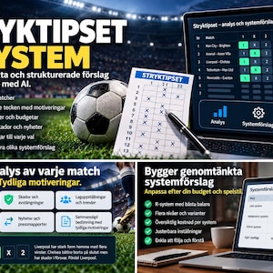 Könnte beinhalten: Eine digitale Marketinggrafik für ein KI-gestütztes Sportwetten-System mit einem Fußball, einem ausgefüllten Wettschein mit Stift sowie zwei Laptop-Bildschirmen, die Spielanalysen, statistische Daten und strukturierte Wettvorschläge zeigen.