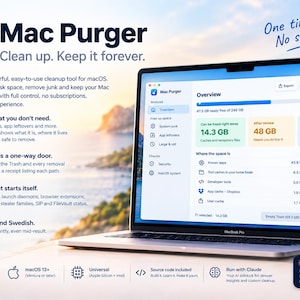 May include: A silver laptop displaying the Mac Purger software interface, which shows disk space statistics, system junk, and app leftovers. The screen features a blue and white dashboard with text including Mac Purger, Overview, and One time buy.