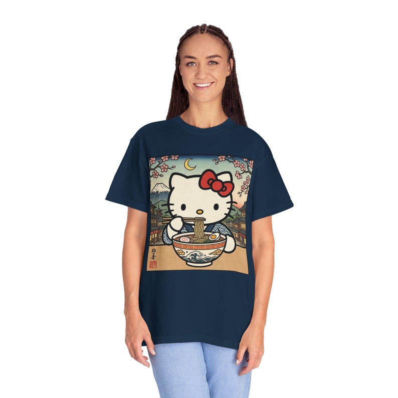 Hello Kitty Ramen Bowl T-Shirt | Japanese Ukiyo-e Style Tee | T-Shirt Comfort Colors Retro Meme Shirt Embarrassing Shirts Funny Graphic Tees image 2