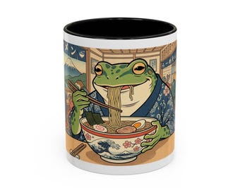 Frog Eating Ramen Mug | Accent Coffee Mug 11oz 15oz | Ukiyo-e Japanese Style Art