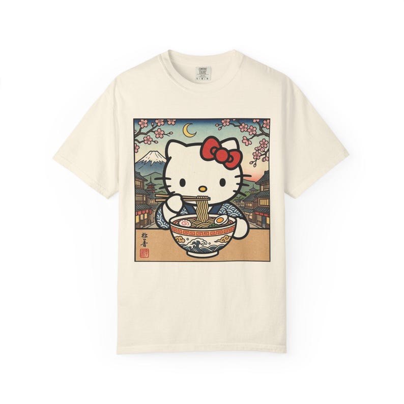 Hello Kitty Ramen Bowl T-Shirt | Japanese Ukiyo-e Style Tee | T-Shirt Comfort Colors Retro Meme Shirt Embarrassing Shirts Funny Graphic Tees image 4