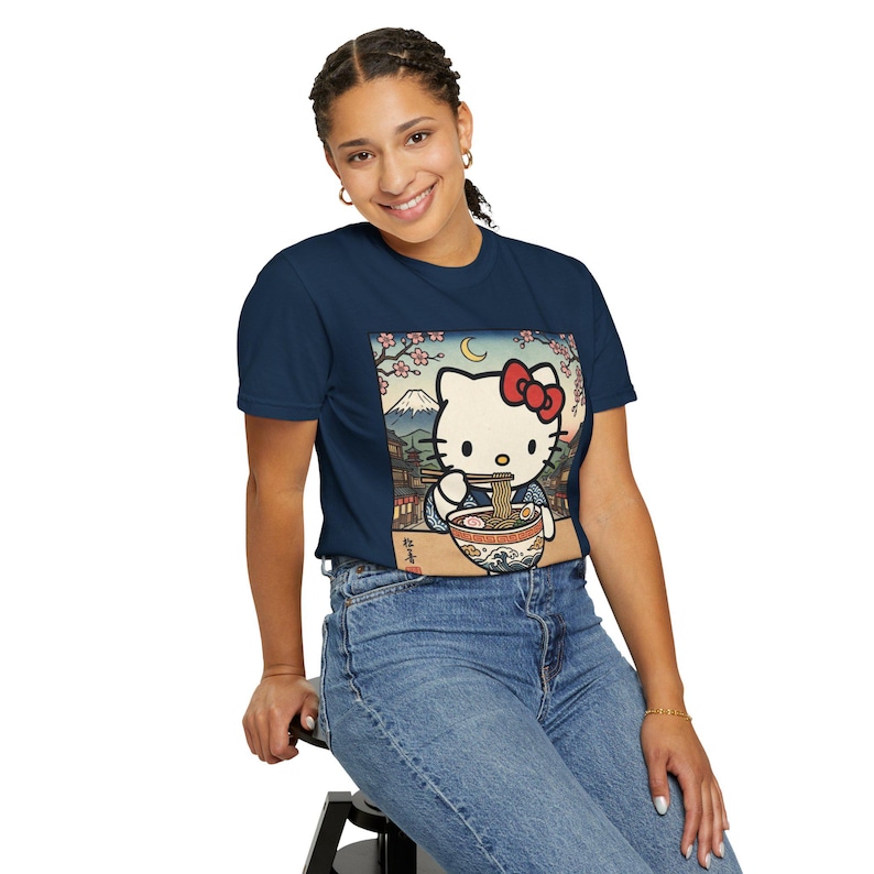 Hello Kitty Ramen Bowl T-Shirt | Japanese Ukiyo-e Style Tee | T-Shirt Comfort Colors Retro Meme Shirt Embarrassing Shirts Funny Graphic Tees image 1