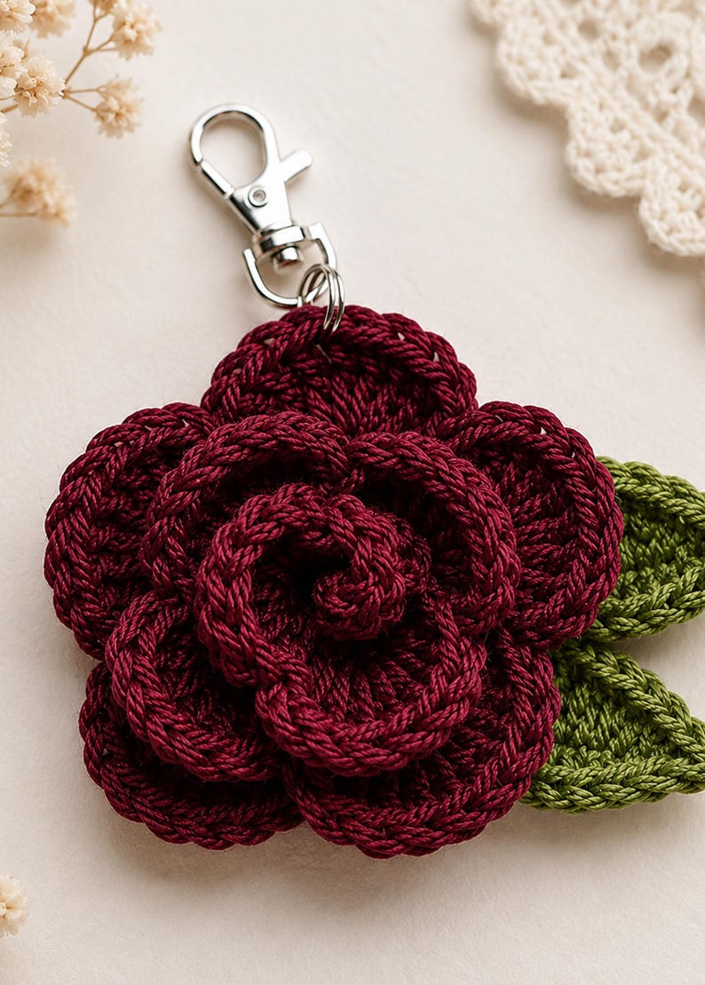 Peut inclure: Un porte-cl&eacute;s en forme de fleur crochet&eacute;e bordeaux fonc&eacute; avec des p&eacute;tales superpos&eacute;s et deux feuilles crochet&eacute;es vertes sur le c&ocirc;t&eacute;. La fleur est reli&eacute;e &agrave; un fermoir mousqueton en m&eacute;tal argent&eacute; sur le dessus pour une fixation facile.