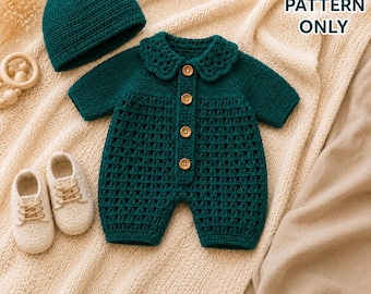 Baby Romper Crochet Pattern PDF, Newborn Baby Outfit Pattern, Crochet Baby Set with Hat, 0-3 Months