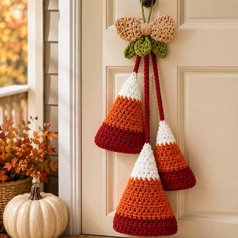 Pode incluir: Um enfeite de parede em croch&ecirc; com tr&ecirc;s ornamentos em forma de cone que lembram doces de milho nas cores branco, laranja e vermelho escuro. Os ornamentos est&atilde;o suspensos por longos cord&otilde;es vermelhos de um la&ccedil;o central bege e folhas verdes.
