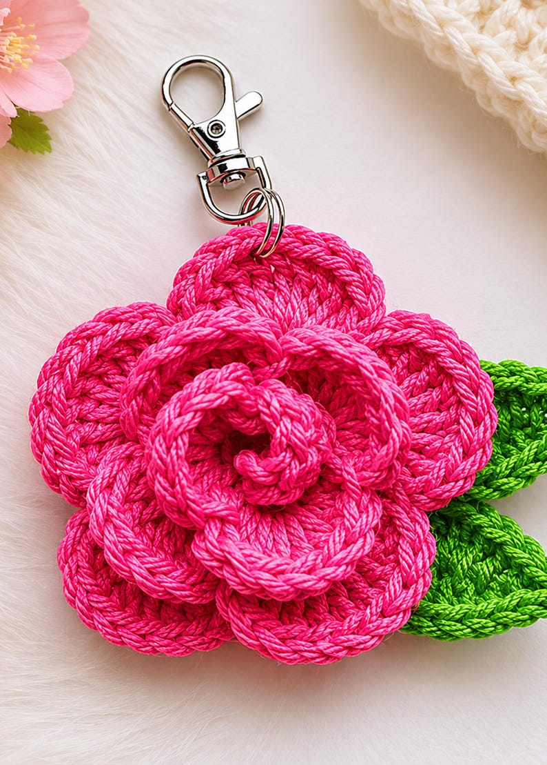 Peut inclure: Un porte-cl&eacute;s fleur au crochet rose vif avec des p&eacute;tales superpos&eacute;s et deux feuilles vertes au crochet, fix&eacute; &agrave; un mousqueton en m&eacute;tal argent&eacute;. La fleur est r&eacute;alis&eacute;e en fil &eacute;pais et textur&eacute;, formant une structure circulaire en relief.