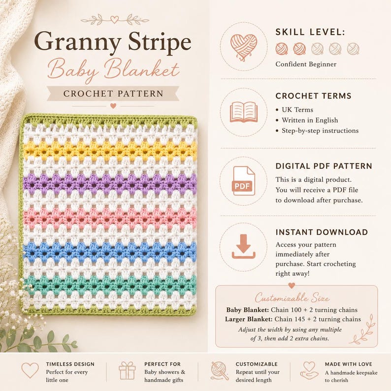 May include: A digital crochet pattern for a Granny Stripe baby blanket. The image displays a multi-colored striped blanket with white, yellow, purple, pink, blue, and green yarn. Text includes skill level, UK terms, PDF format, and sizing instructions.