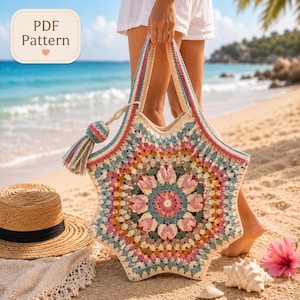 Crochet Tote Bag Pattern, Colorful Flower Octagon, Boho Market Bag (PDF Download)