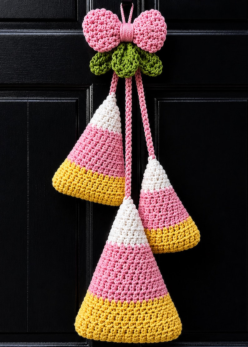 Pode incluir: Uma decora&ccedil;&atilde;o de croch&ecirc; suspensa com tr&ecirc;s pe&ccedil;as em forma de cone nas cores branca, rosa e amarela, penduradas por um la&ccedil;o rosa central e um grupo de folhas verdes. Os tr&ecirc;s cones est&atilde;o dispostos em alturas vari&aacute;veis com padr&atilde;o uniforme.
