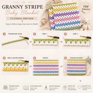 May include: A PDF pattern tutorial for a granny stripe baby blanket featuring six instructional steps. The visual guide displays a crochet hook working on yarn, a finished striped blanket in pastel colors, and a small crocheted teddy bear toy.