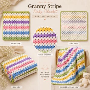 May include: A crochet baby blanket featuring a granny stripe pattern in yellow, purple, pink, blue, and green. The image displays multiple angles including front, back, side, and close-up views, with text reading Granny Stripe Baby Blanket.