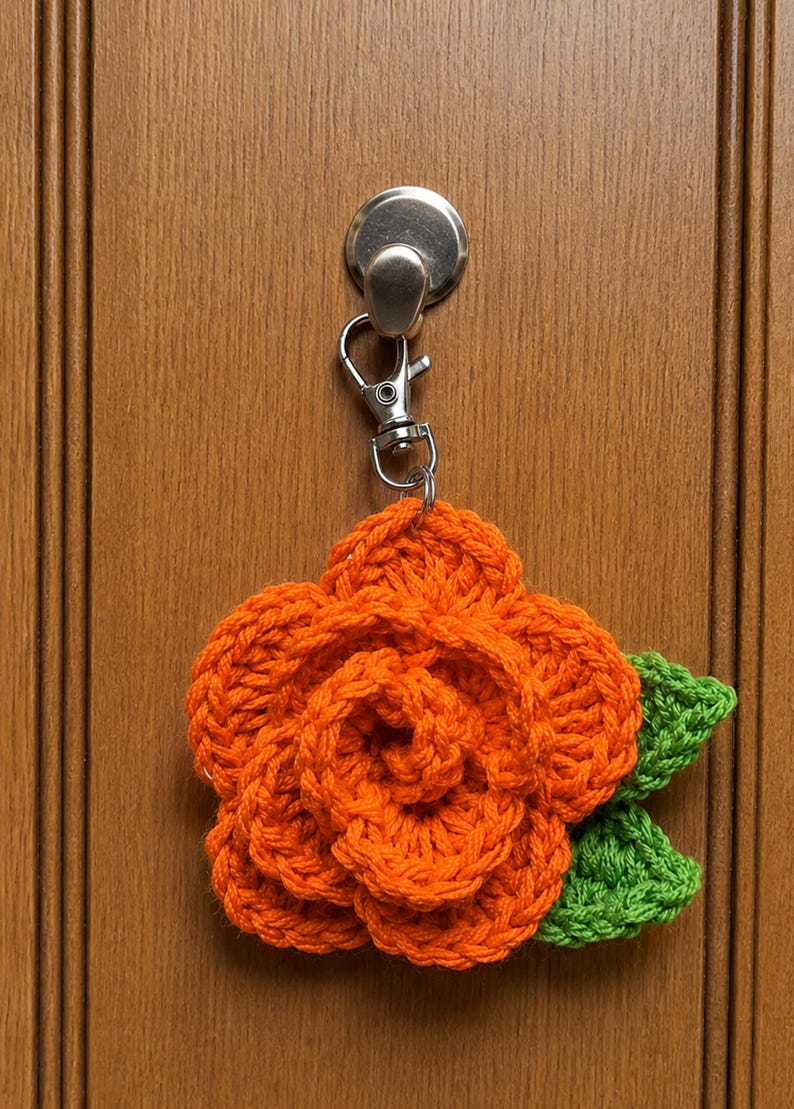 Peut inclure: Une fleur de rose orange crochet&eacute;e avec deux feuilles vertes attach&eacute;e &agrave; un porte-cl&eacute;s &agrave; fermoir mousqueton en m&eacute;tal argent&eacute;. La fleur pr&eacute;sente des p&eacute;tales superpos&eacute;s cr&eacute;&eacute;s avec du fil, et la quincaillerie m&eacute;tallique inclut un anneau.