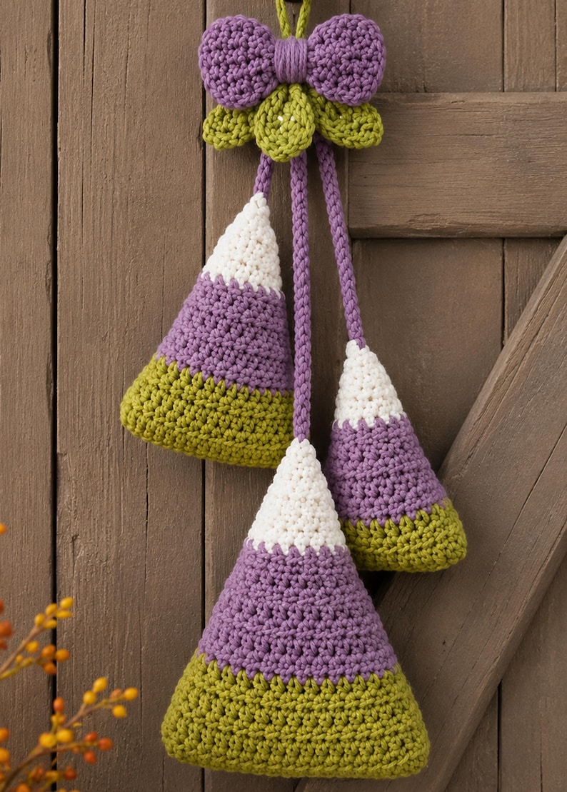 Pode incluir: Uma decora&ccedil;&atilde;o de croch&ecirc; suspensa com tr&ecirc;s ornamentos triangulares em forma de milho doce nas cores branco, roxo e verde-oliva. Os ornamentos est&atilde;o suspensos por cord&otilde;es tran&ccedil;ados roxos a partir de um la&ccedil;o central roxo e folhas de croch&ecirc; verdes.