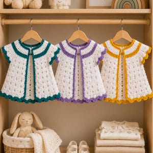 May include: Three white crochet baby dresses with teal, purple, and yellow trim hang on wooden hangers. The dresses are displayed in a wooden closet with a teddy bear, a bunny, and other baby items.