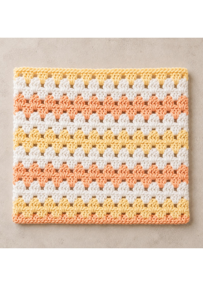 May include: A square crochet piece featuring a repeating granny stitch pattern. The design consists of horizontal stripes in alternating colors of soft yellow, crisp white, and light peach, creating a textured and uniform geometric textile surface.