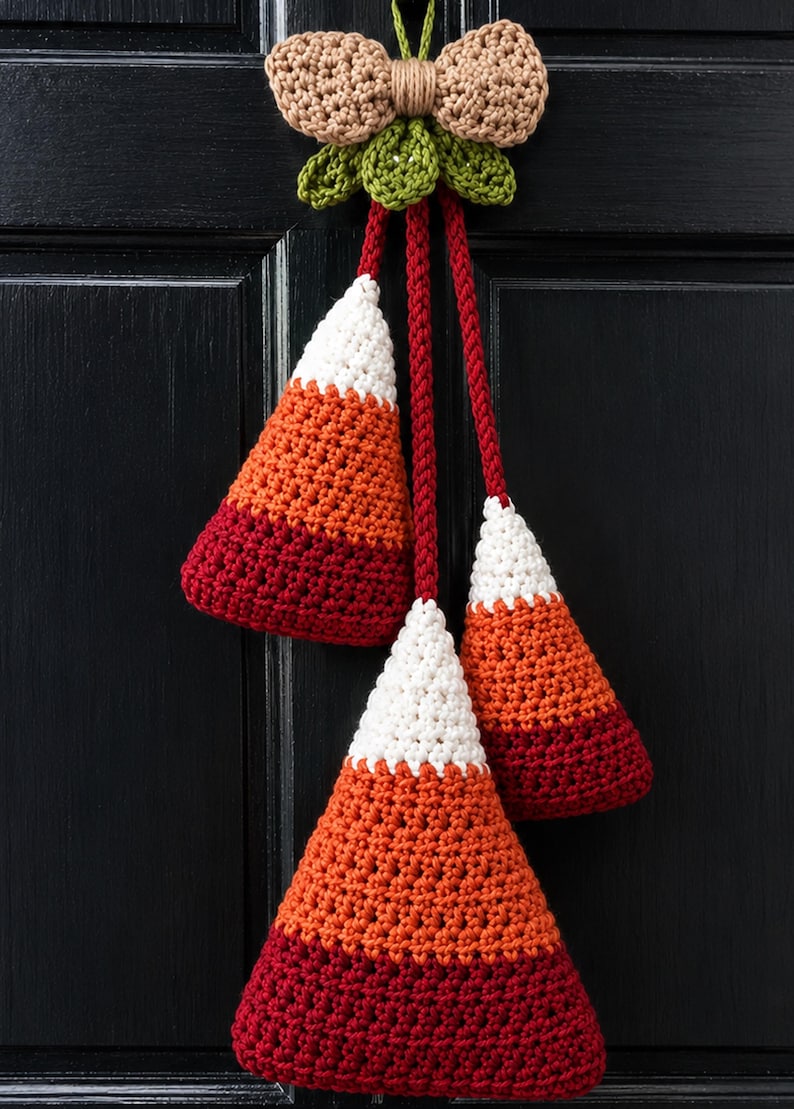 Pode incluir: Uma decora&ccedil;&atilde;o de croch&ecirc; suspensa com tr&ecirc;s ornamentos em forma de doce de milho nas cores branca, laranja e vermelho escuro. Os ornamentos est&atilde;o suspensos por cord&otilde;es de l&atilde; vermelha a um la&ccedil;o central bege e folhas verdes de croch&ecirc;.