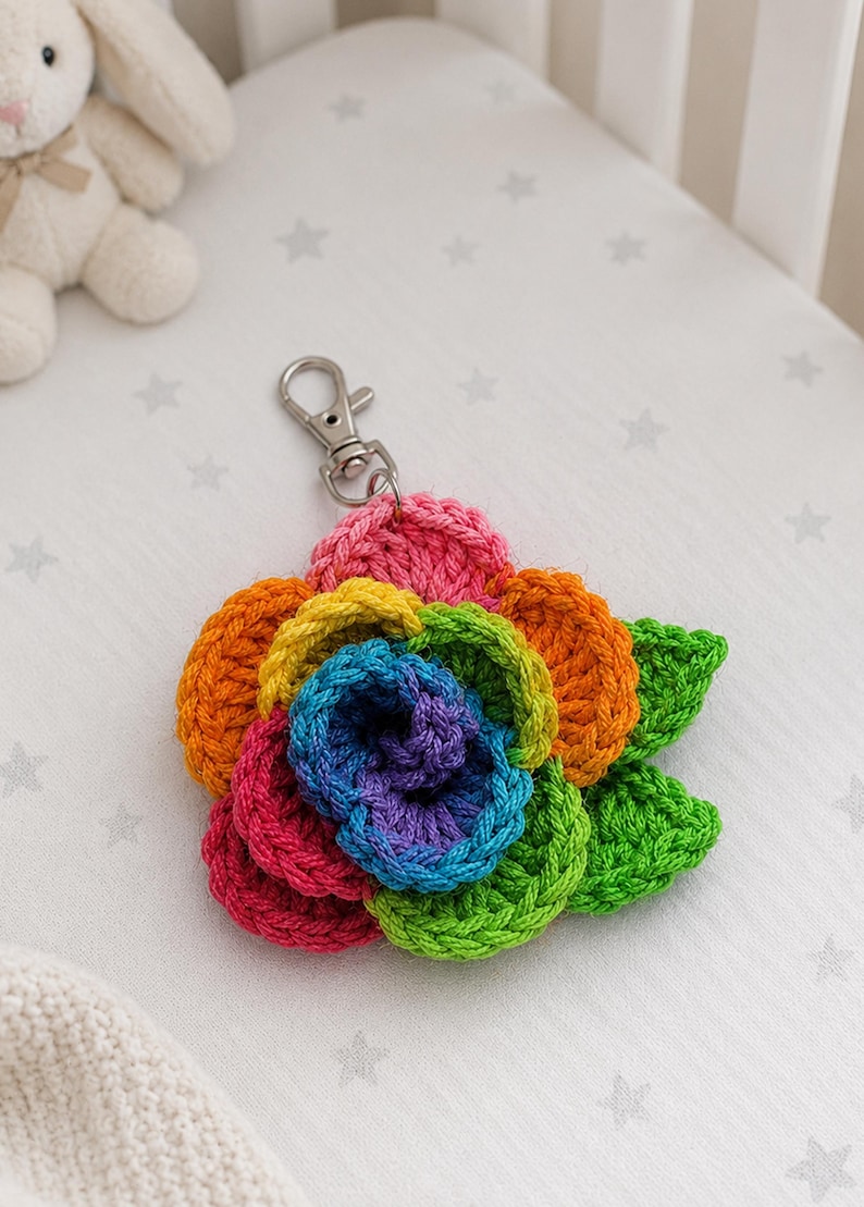 Peut inclure: Un porte-cl&eacute;s fleur en crochet multicolore avec des p&eacute;tales superpos&eacute;s dans des tons de rose, orange, jaune, vert, bleu et violet. La fleur est fix&eacute;e &agrave; un mousqueton en m&eacute;tal argent&eacute;, offrant un point d'attache fonctionnel pour les cl&eacute;s ou sacs.