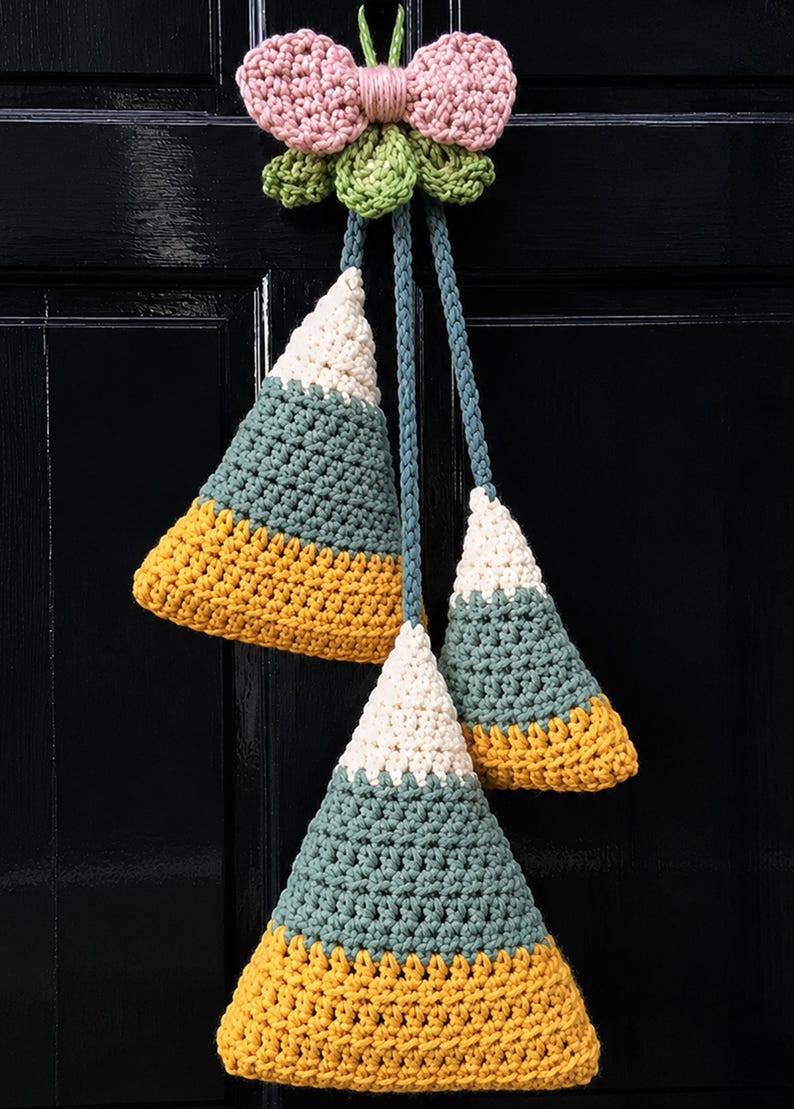 Pode incluir: Um enfeite de parede em croch&ecirc; com um la&ccedil;o rosa e folhas verdes no topo, com tr&ecirc;s ornamentos triangulares pendentes. Cada pe&ccedil;a apresenta blocos de cores em branco, verde s&aacute;lvia e amarelo mostarda, suspensos por cord&otilde;es de fio tran&ccedil;ado.