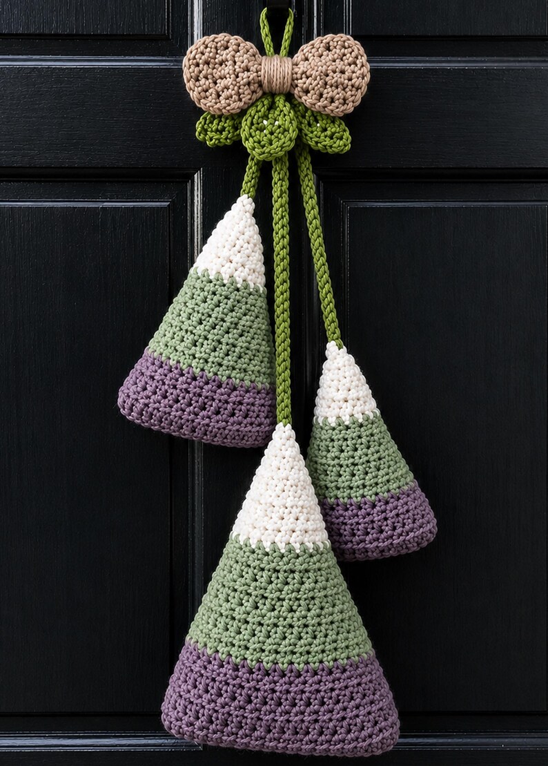 Pode incluir: Uma decora&ccedil;&atilde;o de parede em croch&ecirc; suspensa com tr&ecirc;s ornamentos em forma de cone nas cores branco, verde s&aacute;lvia e roxo. Os cones est&atilde;o suspensos por cord&otilde;es de croch&ecirc; verdes a partir de um topo central bege em forma de la&ccedil;o.