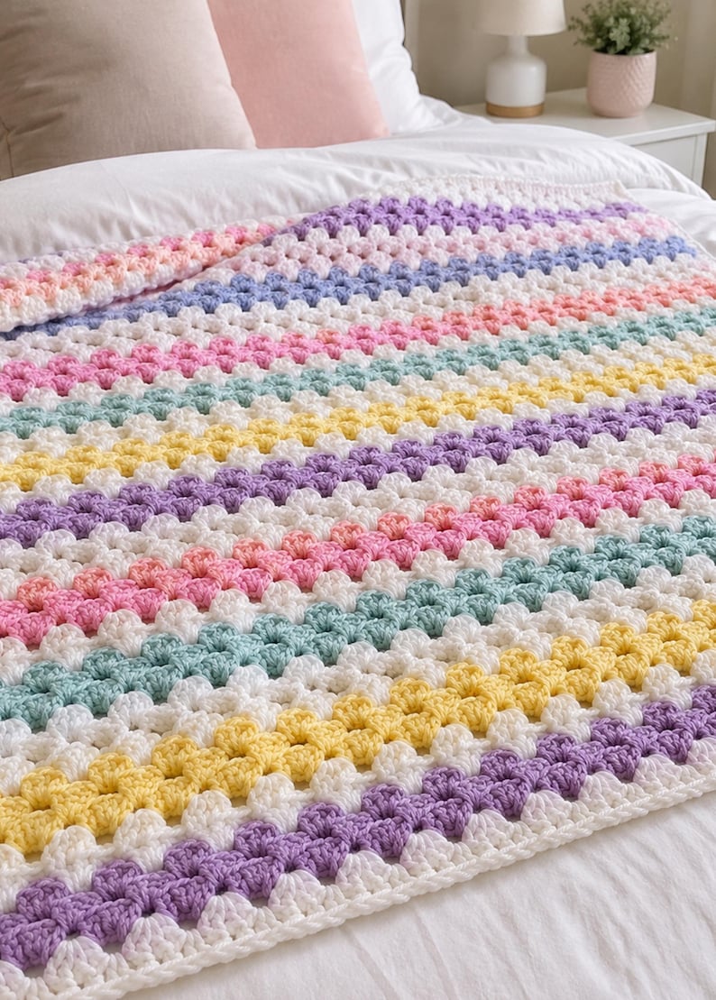 May include: A rectangular crochet blanket featuring a repeating granny square stitch pattern. The design consists of horizontal stripes in pastel shades of lavender, yellow, mint green, and soft pink, each separated by rows of white yarn throughout.