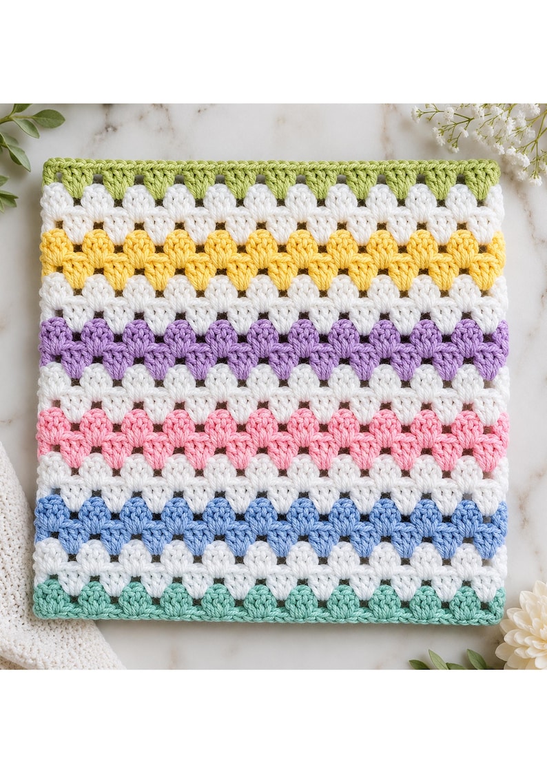 May include: A square crochet blanket featuring a repeating granny stitch pattern. The design consists of horizontal stripes in light green, yellow, lavender, pink, and blue, each separated by rows of white yarn. The texture is uniform and consistent.