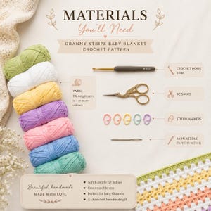 May include: A crochet pattern guide for a granny stripe baby blanket featuring seven skeins of yarn in green, white, yellow, purple, pink, blue, and teal. Tools include a 4.0 mm crochet hook, gold stork scissors, five stitch markers, and a yarn needle.