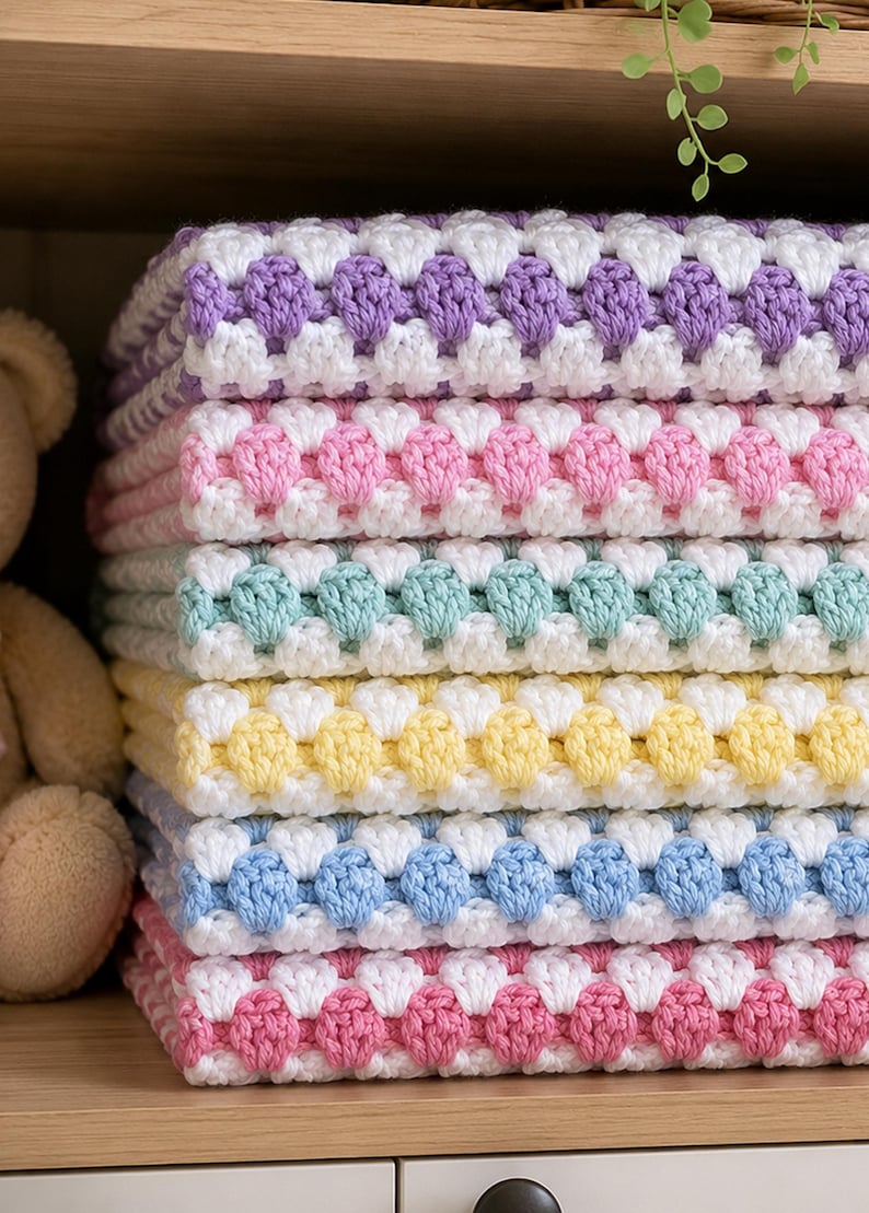May include: A stack of six folded crochet blankets featuring a repeating pattern of white yarn and alternating pastel-colored yarn rows in purple, pink, mint green, yellow, light blue, and a darker pink, all showcasing a textured bobble stitch design.