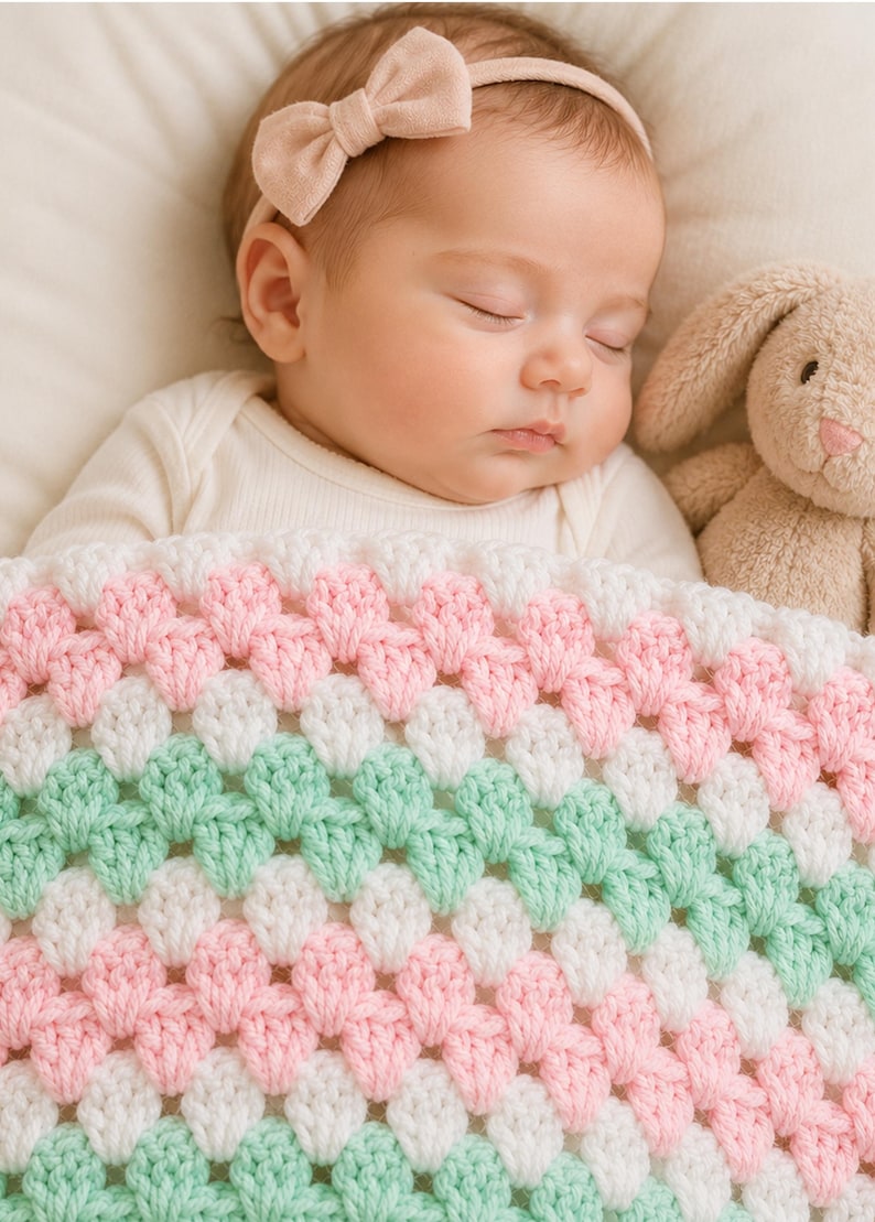 May include: A handmade crochet baby blanket featuring a repeating granny square stitch pattern in alternating horizontal stripes of soft pink, white, and mint green yarn. The blanket is textured with a classic cluster stitch design throughout.