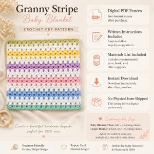 May include: A digital PDF crochet pattern for a Granny Stripe baby blanket. The image displays a multi-colored striped blanket in green, yellow, white, purple, pink, and blue. Text includes instructions, materials list, and sizing details.