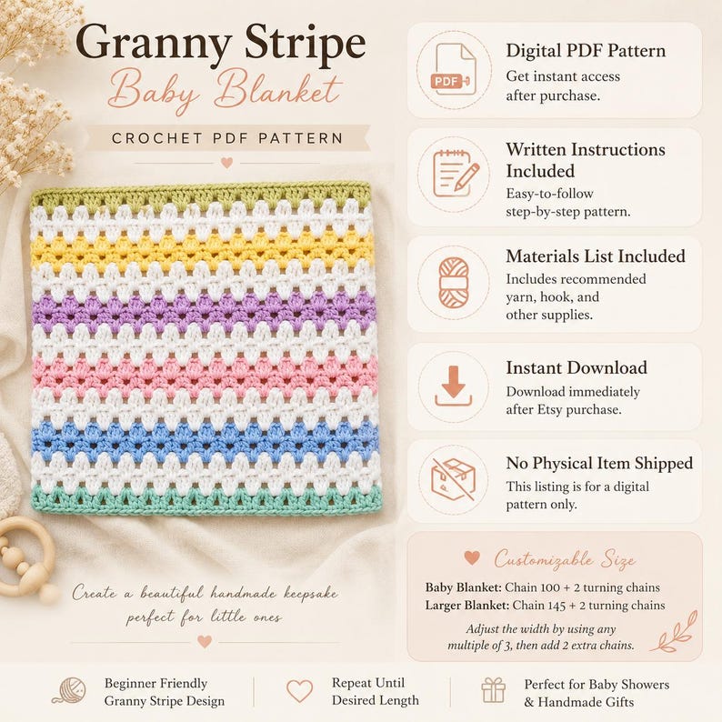 May include: A digital PDF crochet pattern for a Granny Stripe baby blanket. The image displays a multi-colored striped blanket in green, yellow, white, purple, pink, and blue. Text includes instructions, materials list, and sizing details.