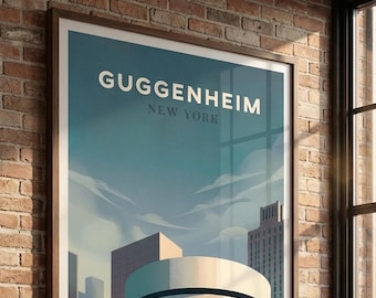 Plakat do Muzeum Guggenheima w Nowym Jorku, wydruk z podróży w stylu vintage, sztuka modernistyczna połowy XX wieku (pobranie cyfrowe)