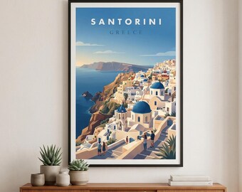 Plakat podróżniczy w stylu vintage z Santorini w Grecji – Blue Domes Wall Art – do pobrania w wersji cyfrowej