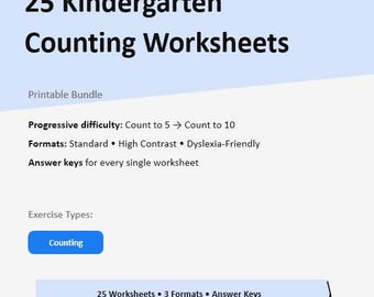 Kindergarten Counting 25 Worksheet Bundle– Printable, No Prep, Multiple Accessibility Formats, Increasing Difficulty